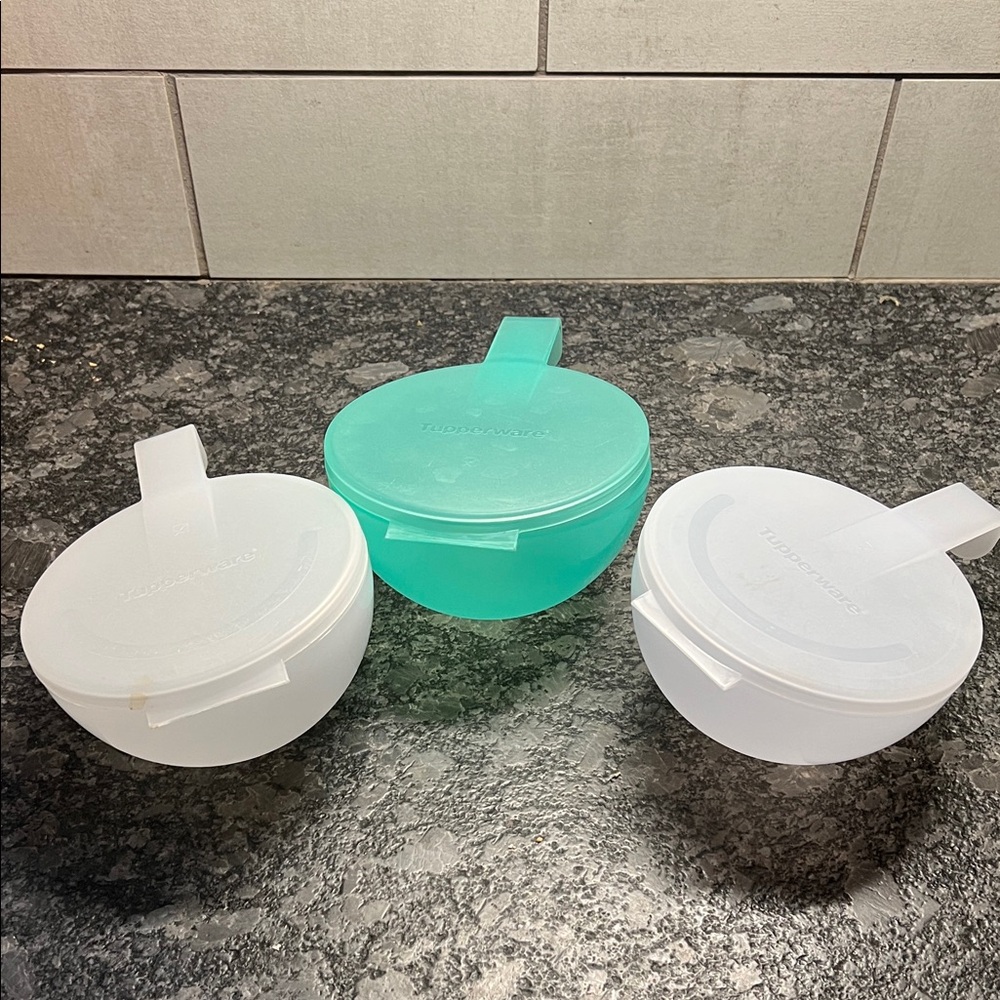 Set of 3 Forget Me Nots by Tupperware Trio: Teal and White hanging bowls